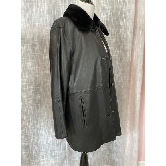 VTG Womens Neiman Marcus Leather Coat Jacket L Black Faux Fur Lined Capsule - Picture 2 of 16